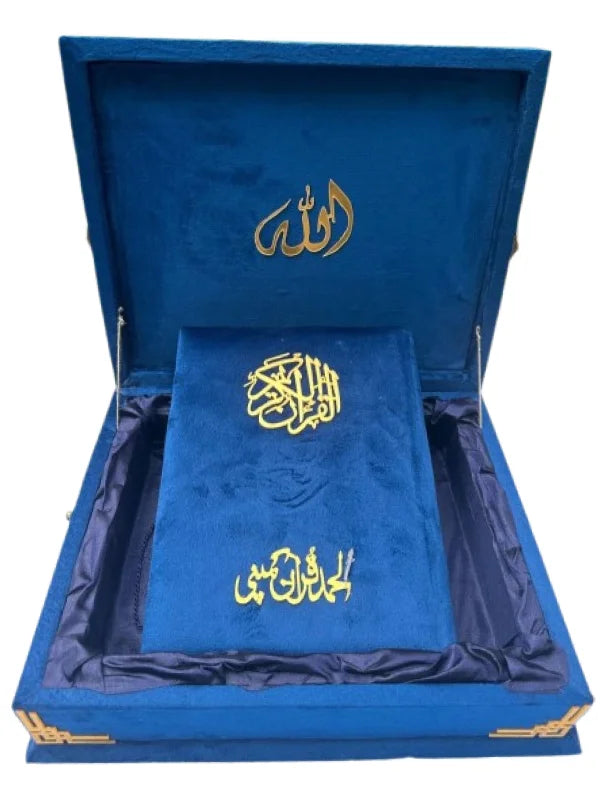 Holy Quran with Blue Shaneel Rehal Box Perfumed Kanzul Iman Art Paper Pakistan