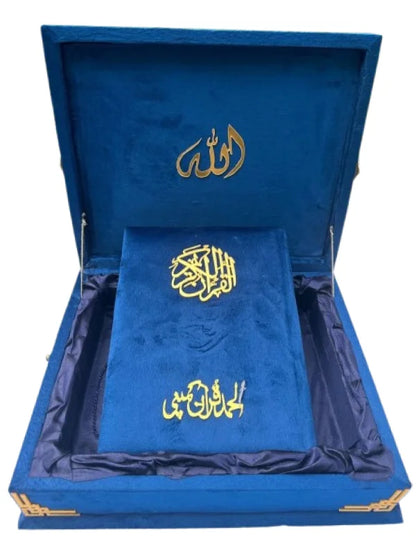 Holy Quran with Blue Shaneel Rehal Box Perfumed Kanzul Iman Art Paper Pakistan