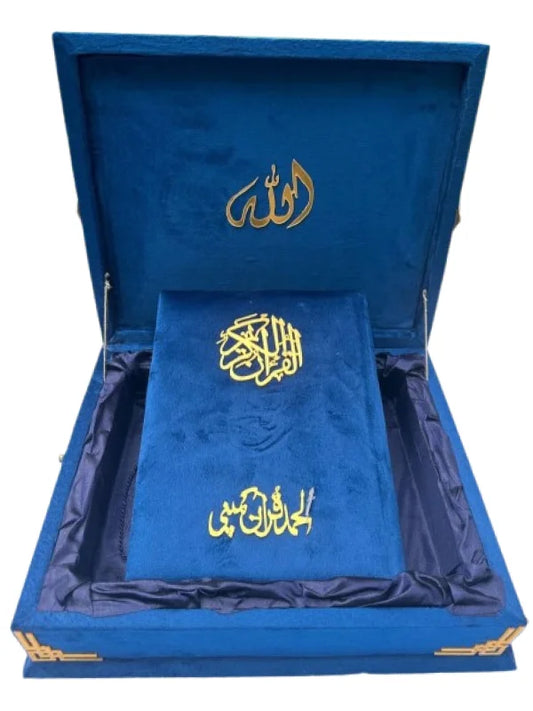 Holy Quran with Blue Shaneel Rehal Box Perfumed Kanzul Iman Art Paper Pakistan