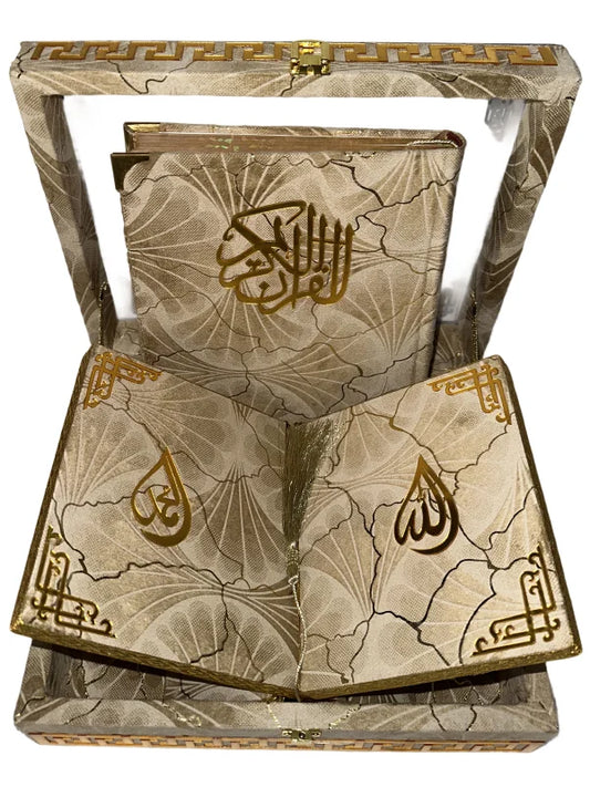 Holy Quran with Beige Textured Shaneel Glass Box Perfumed Kanzul Iman Art Paper Pakistan wedding gift fancy quran box