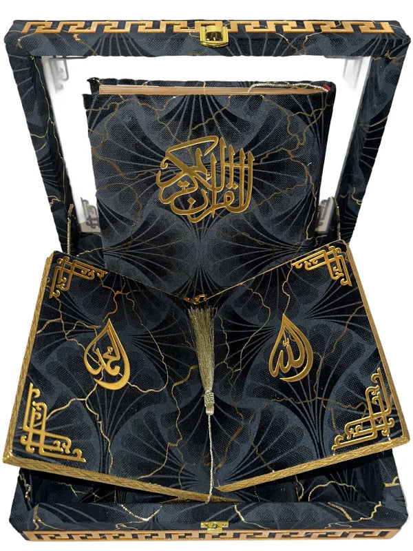 Holy Quran with Black Textured Shaneel Glass Box Perfumed Kanzul Iman Art Paper Pakistan Wedding gift fancy quran box