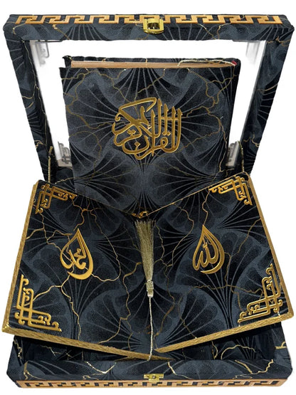 Holy Quran with Black Textured Shaneel Glass Box Perfumed Kanzul Iman Art Paper Pakistan Wedding gift fancy quran box