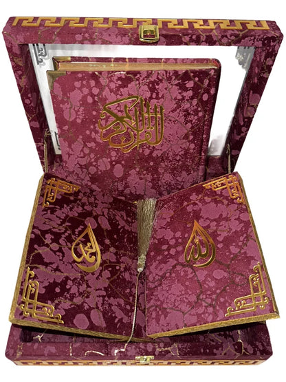 Holy Quran with Maroon Textured Shaneel Glass Box Perfumed Kanzul Iman Art Paper Pakistan wedding gift