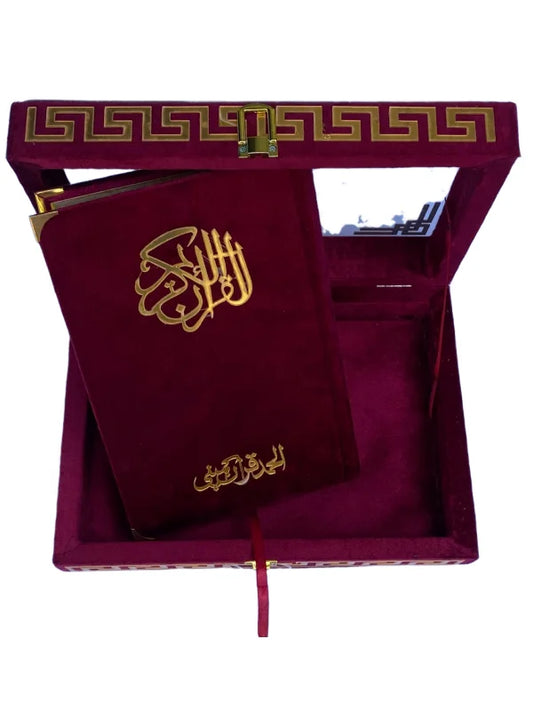 Holy Quran with Maroon Shaneel Glass Box Perfumed Tajweedi Art Paper Pakistan