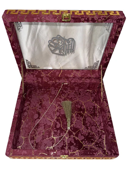 Holy Quran with Maroon Textured Shaneel Glass Box (Perfumed)